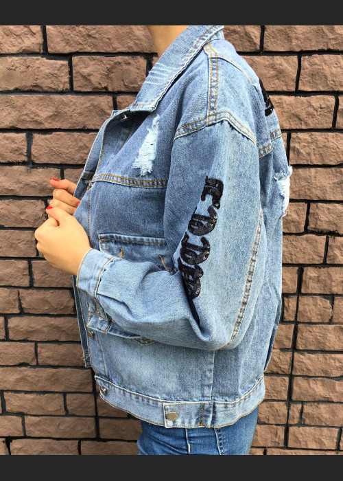Джинсовая куртка - Женская с надписями (Синяя)
