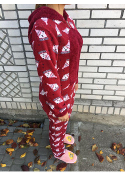 Женская пижама - Бордовая с мишками (Комбинезон)