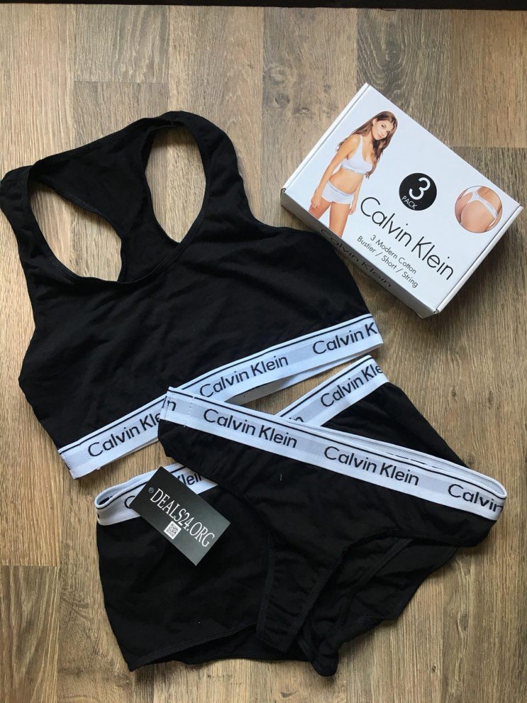 Комплект білизни - в стилі Calvin Klein жіночий трійка (топ+стрінги+шорти) Чорний